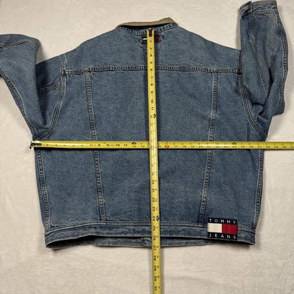Vintage Tommy Jeans Jacket Mens 2XL Blue Denim Tan Collar Crest Patch 90s - Picture 11 of 14